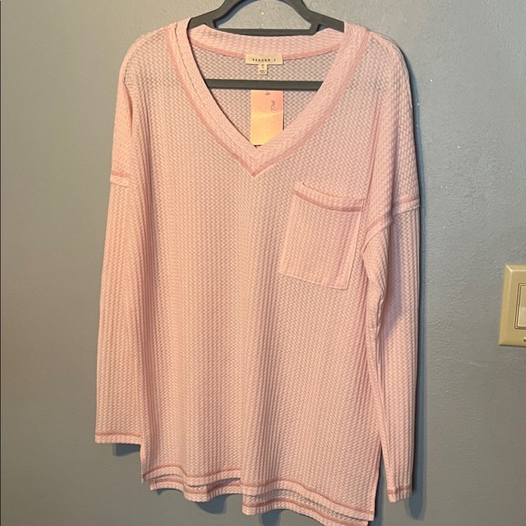 Reborn J Tops - Soft Pink Waffle Knit V-Neck Top